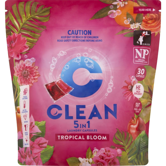 Clean 5 In 1 Laundry Capsules Tropical Bloom 30 Pack