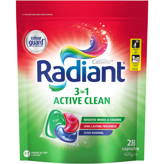 Radiant Active Clean Liquid Laundry Capsules Detergent Washing 28 Pack