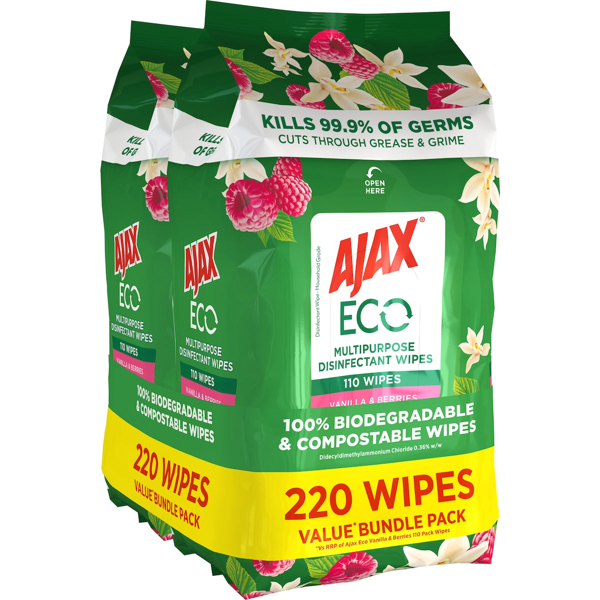 Ajax Eco Antibacterial Cleaning Wipes Vanilla & Berries 220 Pack