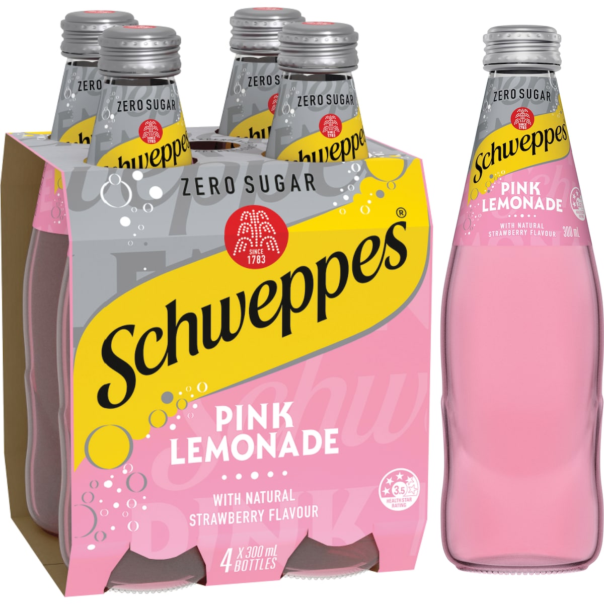 Schweppes Zero Sugar Pink Lemonade Soft Drink Bottles Glass Multipack 300ml x 4 Pack