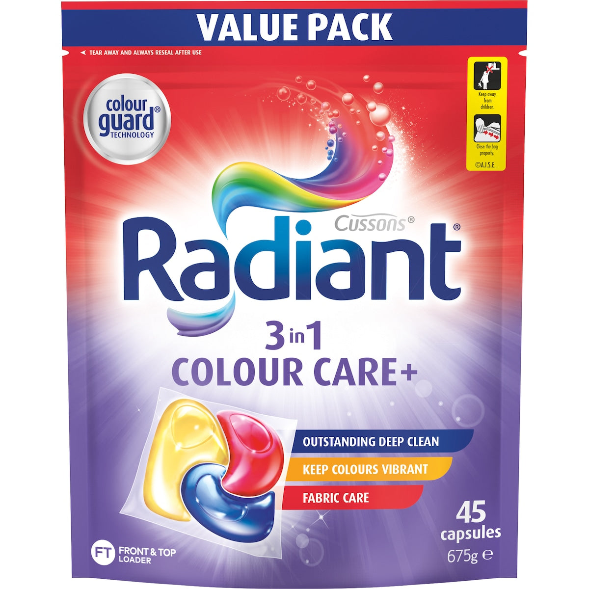 Radiant Colour Care+ Laundry Capsules 3-in-1 Washing Detergent 45 Pack