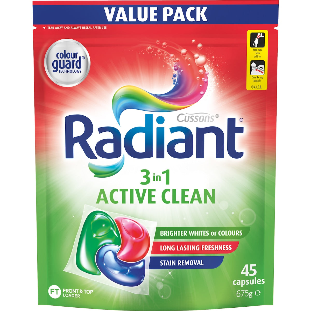 Radiant Active Clean Laundry Capsules 3-in-1 Washing Detergent 45 Pack