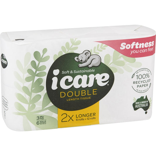 Icare 100% Recycled Toilet Tissue Double Length White 3 Ply 6 Pack