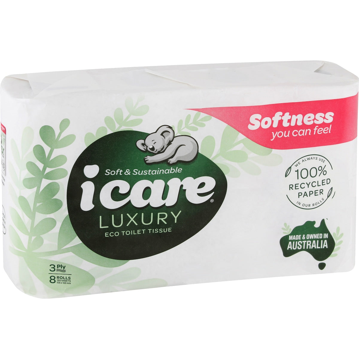 Icare 100% Recycled Toilet Tissue White 3 Ply 8 Pack