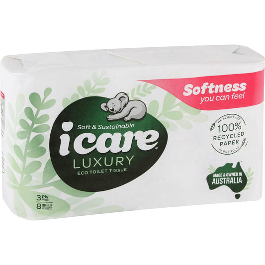 Icare 100% Recycled Toilet Tissue White 3 Ply 8 Pack