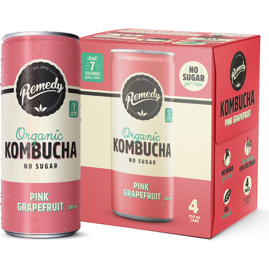 Remedy Organic Kombucha Pink Grapefruit 250ml X 4 Pack