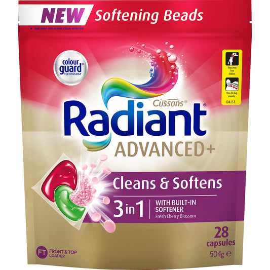 Radiant Advanced+ Laundry Detergent Capsules 3 In 1 Clean & Soften 28 Pack