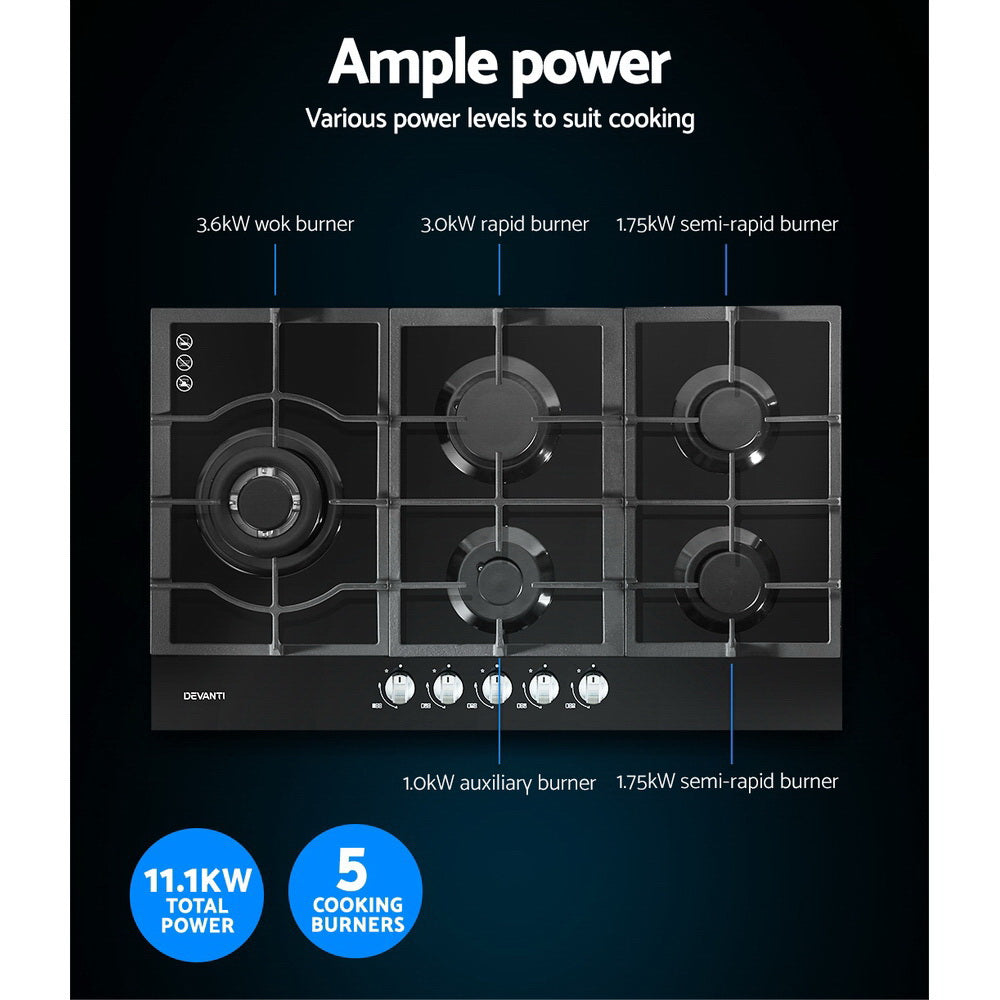 Devanti Gas Cooktop 90cm 5 Burner Black