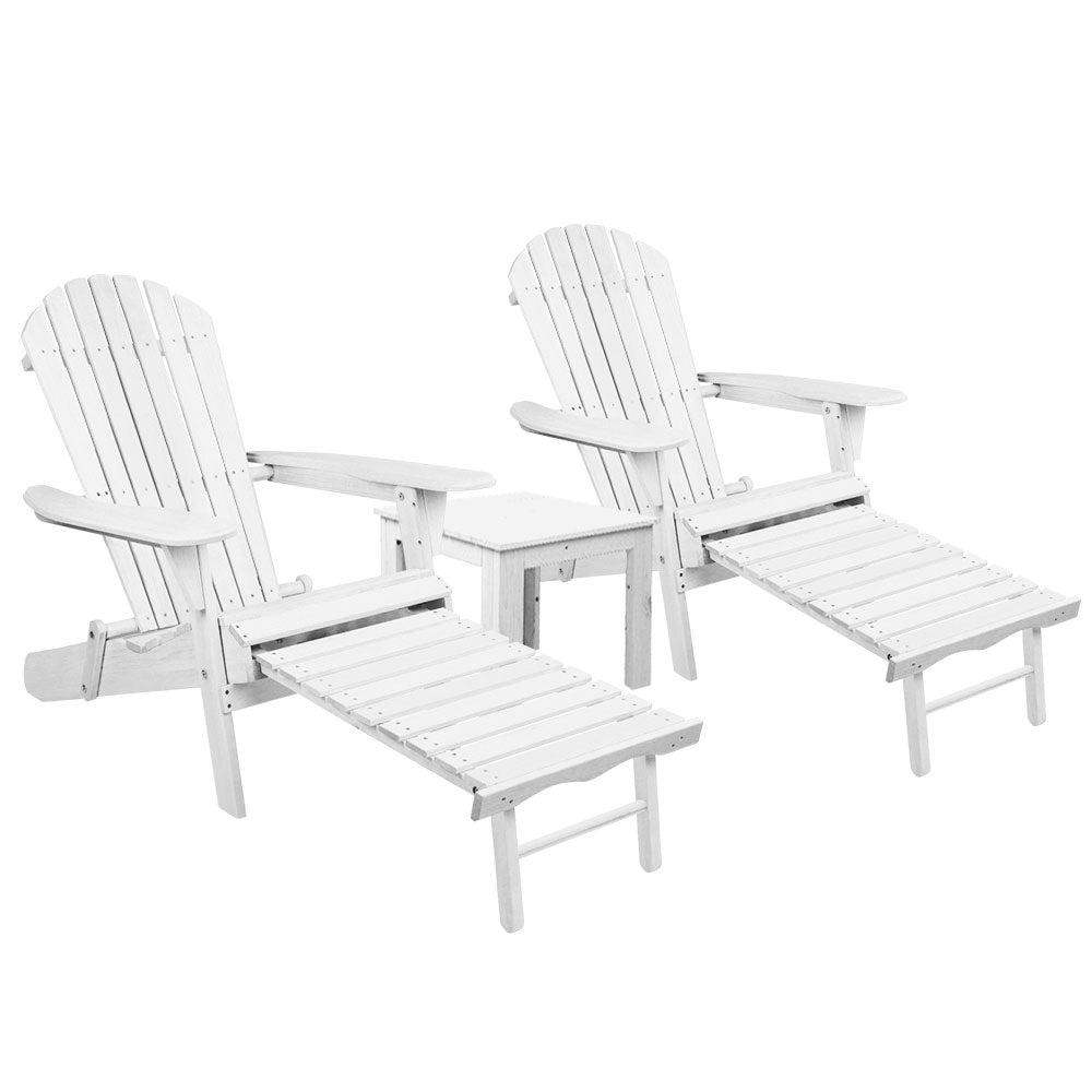 Gardeon 3PC Adirondack Outdoor Table and Chairs Wooden Sun Lounge Beach Patio White