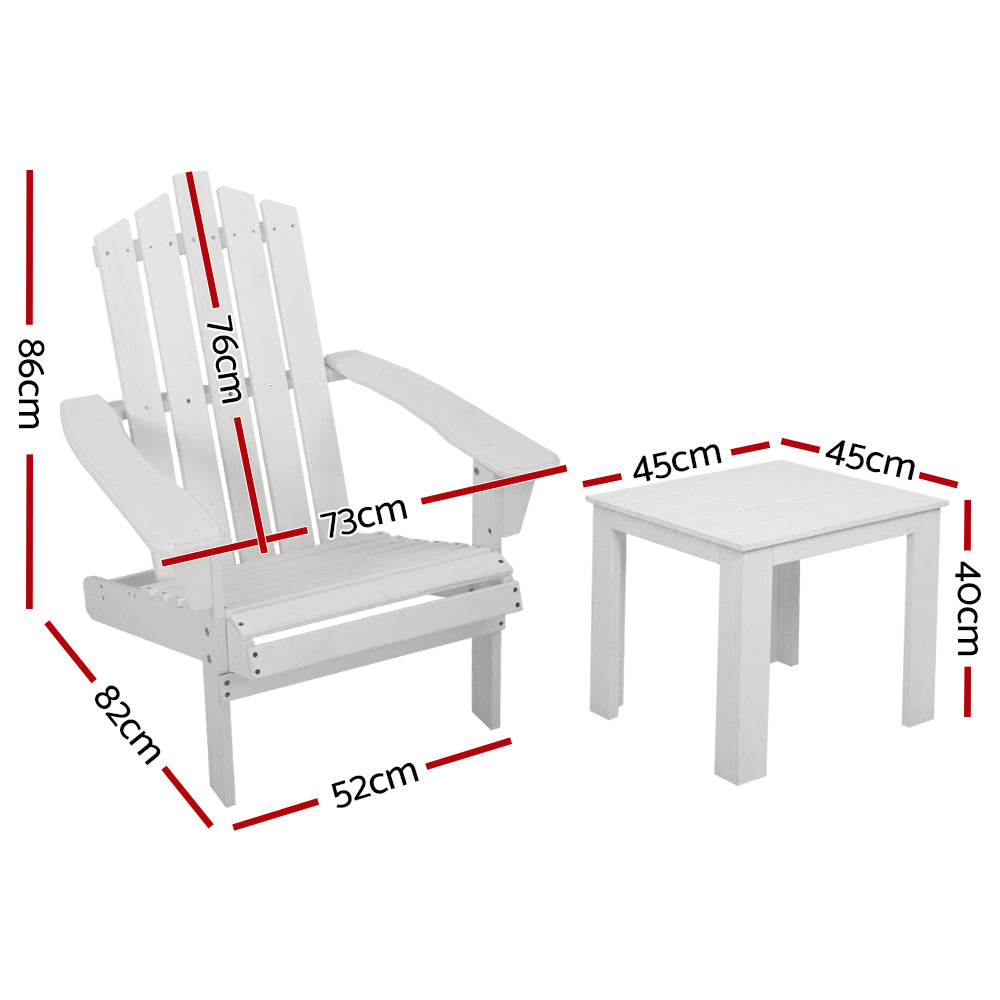 Gardeon 3PC Adirondack Outdoor Table and Chairs Wooden Beach Chair White