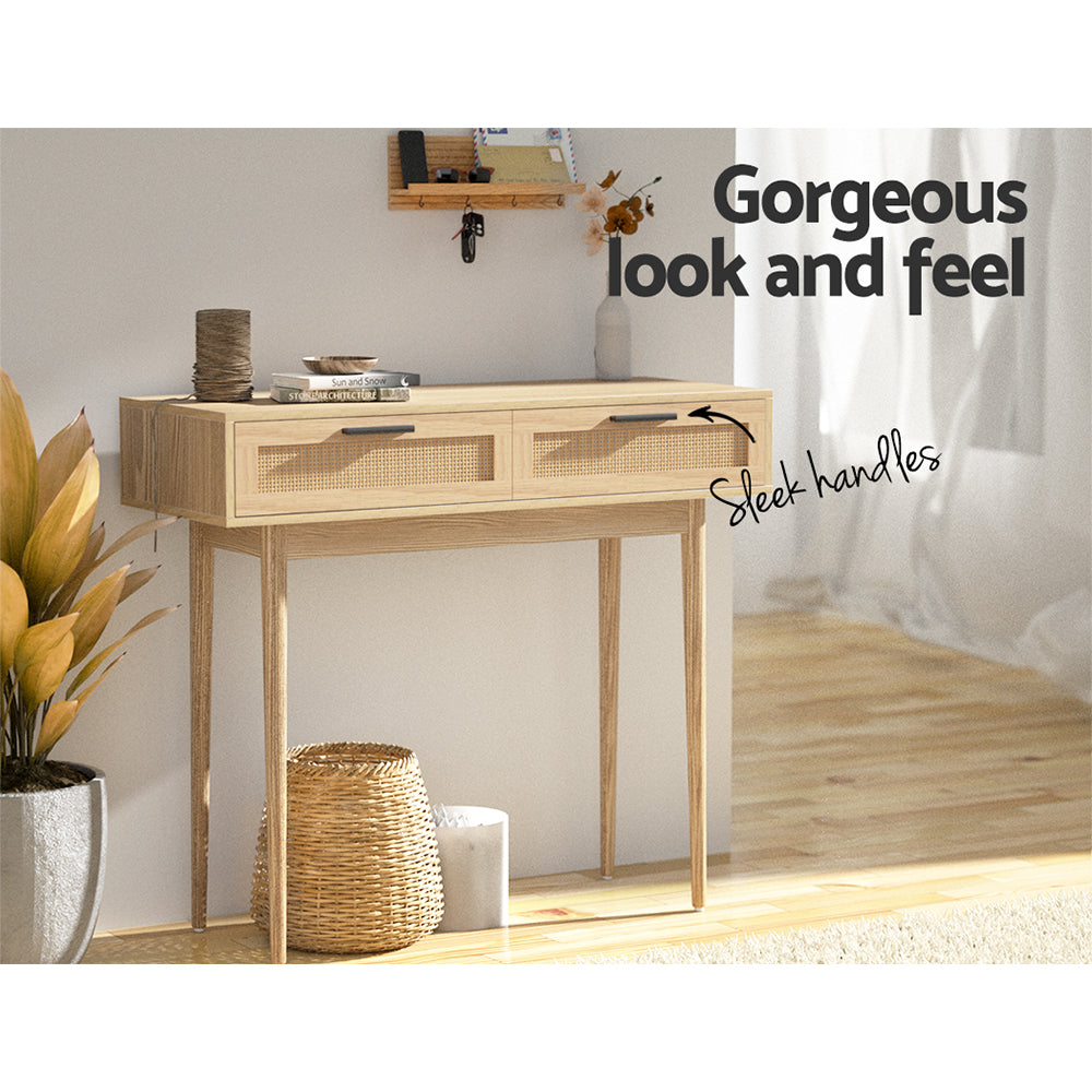 Console Table with 2 Rattan Drawers – Modern Entryway or Hallway Table