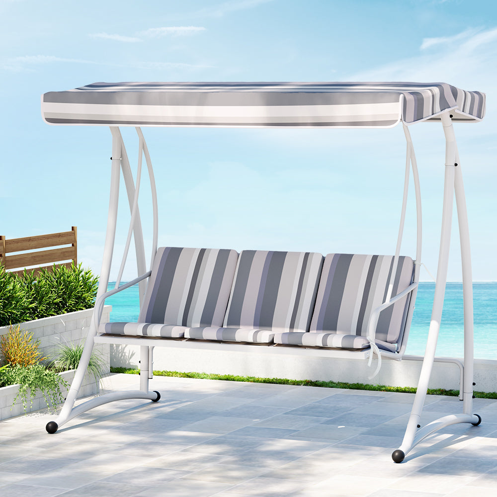 3-Seater Outdoor Swing Chair with Canopy – White & Grey