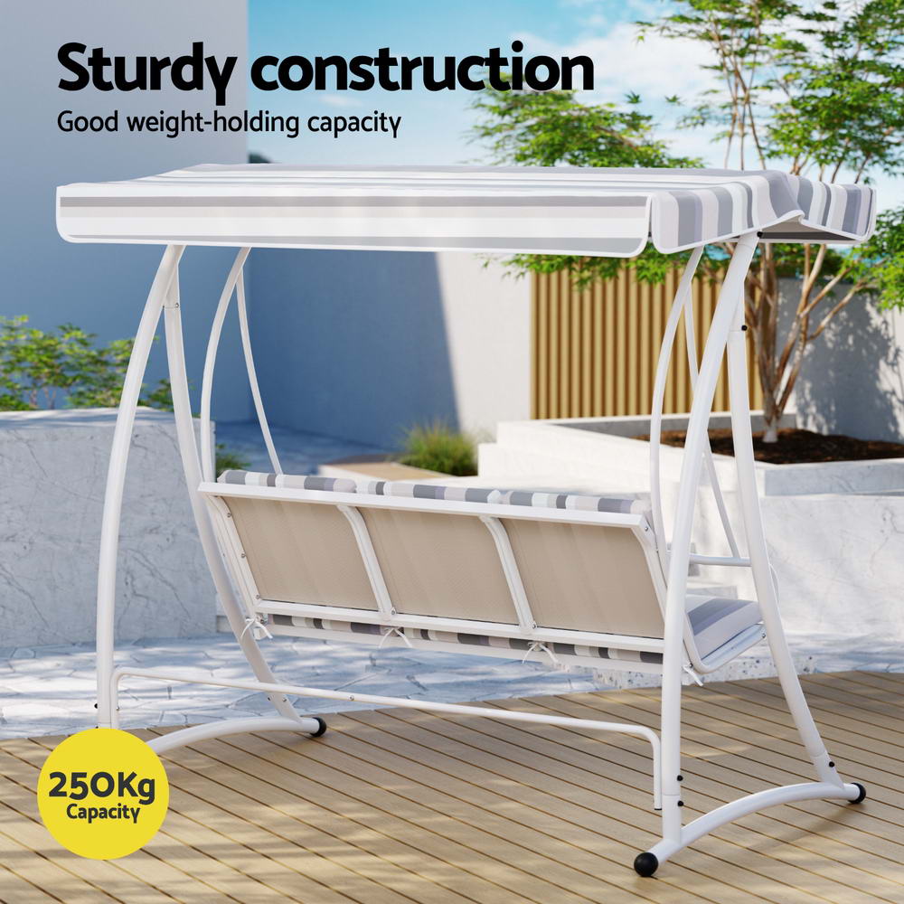 3-Seater Outdoor Swing Chair with Canopy – White & Grey