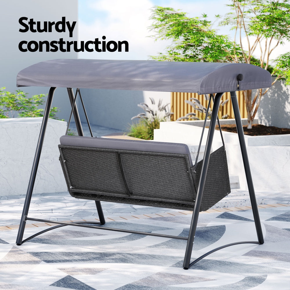 Gardeon Outdoor Swing Chair Garden Bench Furniture Canopy 3 Seater Rattan Grey