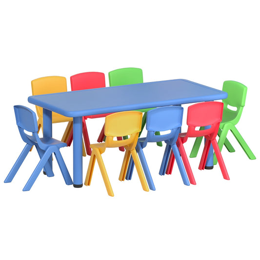 9-Piece Kids Table and Chairs Set – Plastic Study Desk with 8 Chairs for Children