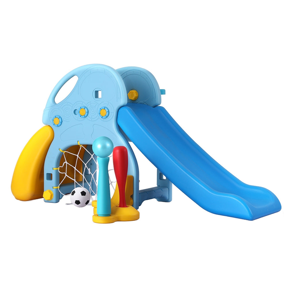 4-in-1 Kids Slide & Playset – Slide, Basketball Hoop, Baseball Bat – 120cm Outdoor Playground Blue