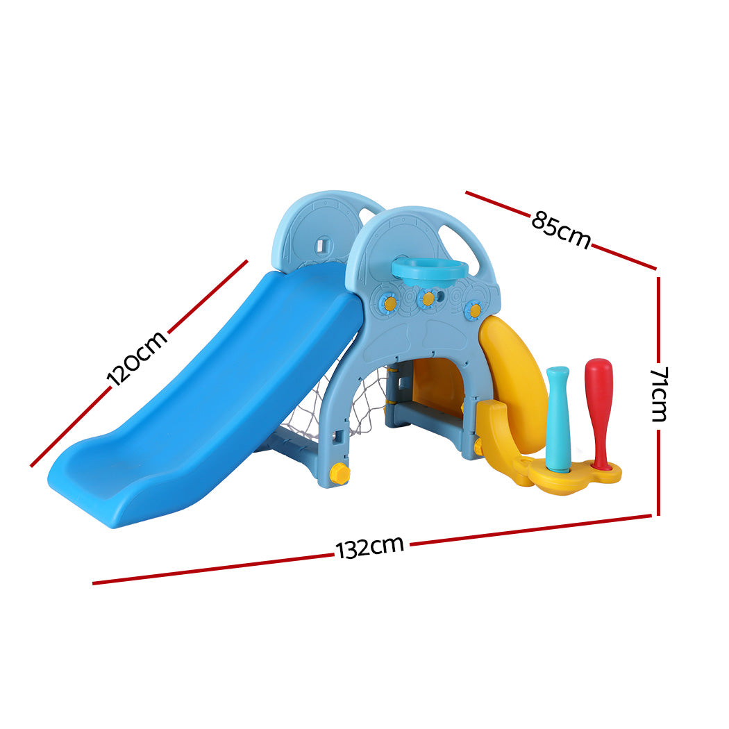 4-in-1 Kids Slide & Playset – Slide, Basketball Hoop, Baseball Bat – 120cm Outdoor Playground Blue