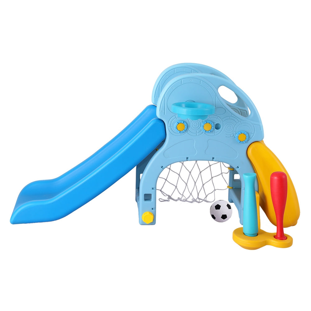 4-in-1 Kids Slide & Playset – Slide, Basketball Hoop, Baseball Bat – 120cm Outdoor Playground Blue