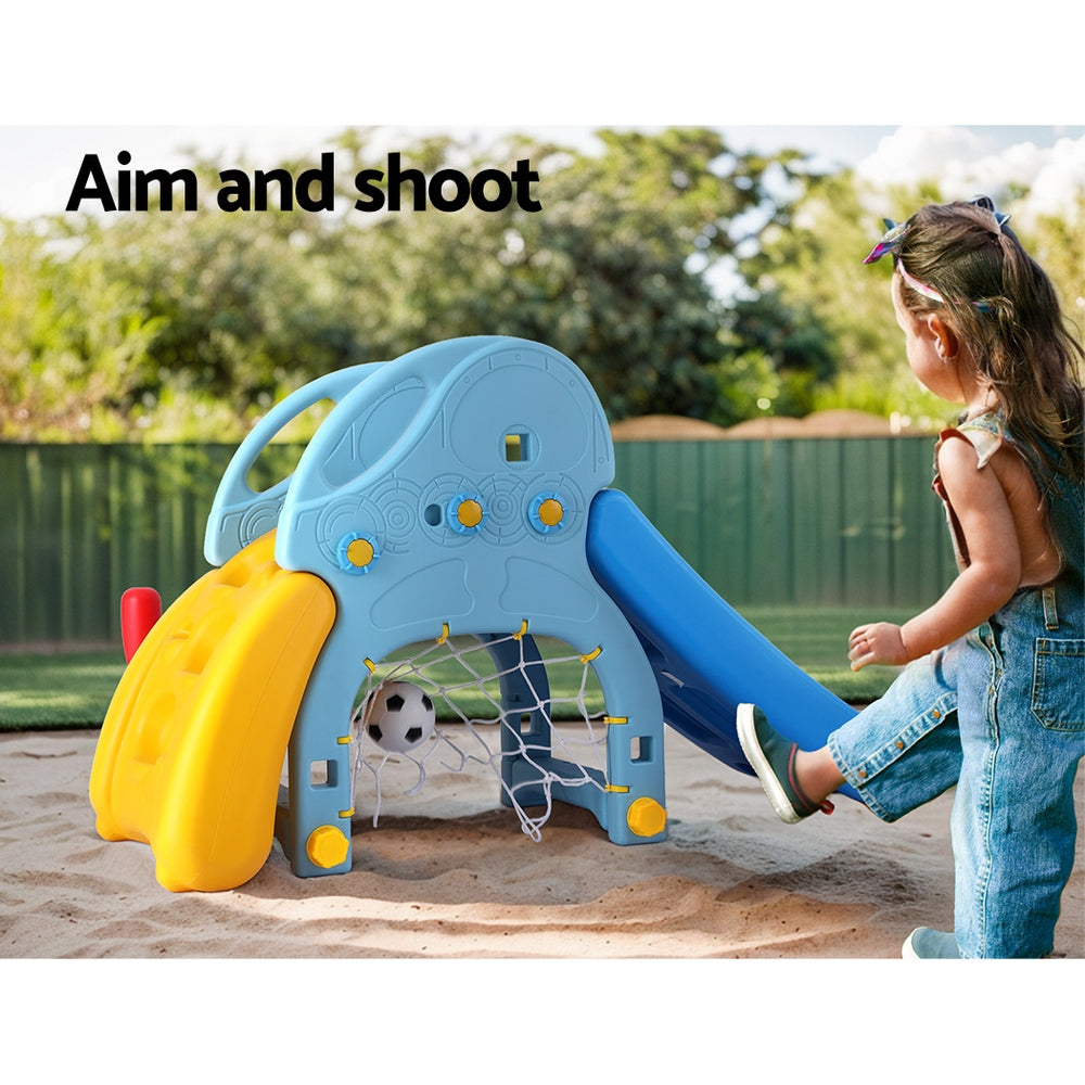 4-in-1 Kids Slide & Playset – Slide, Basketball Hoop, Baseball Bat – 120cm Outdoor Playground Blue