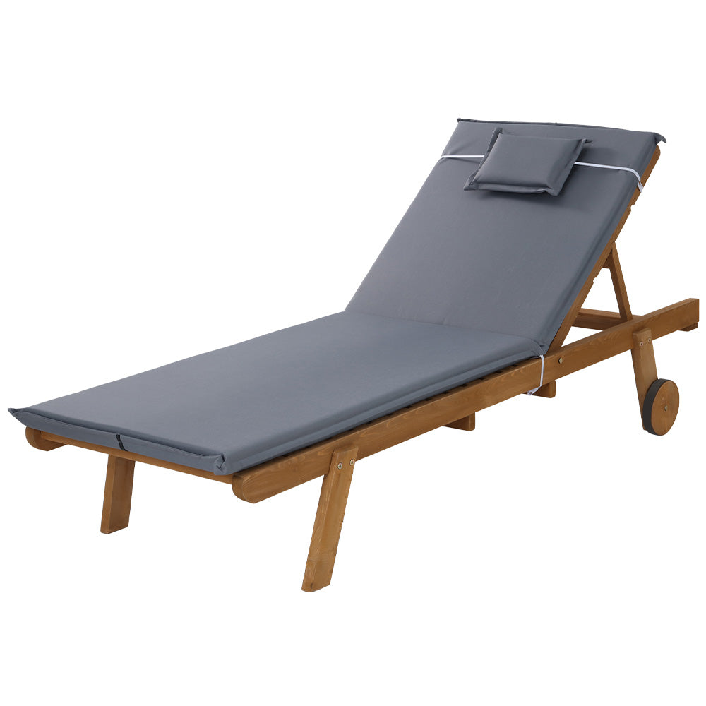 Gardeon Sun Lounge Wooden Lounger Outdoor Furniture Day Bed Wheels Patio Grey