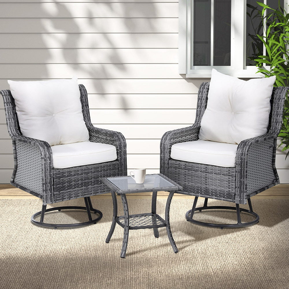 Gardeon 3PC Outdoor Furniture Bistro Set Lounge Wicker Swivel Chairs Table Cushion Grey