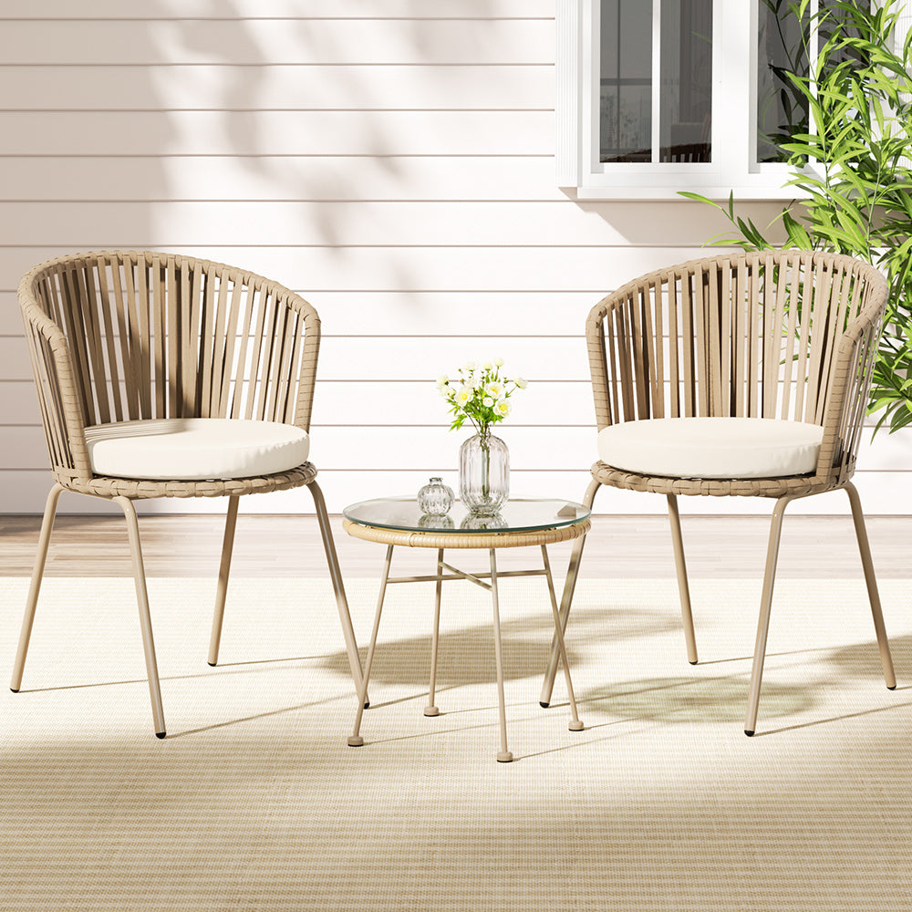 Gardeon 3PC Outdoor Bistro Set Patio Furniture Rope Setting Chairs Table Beige