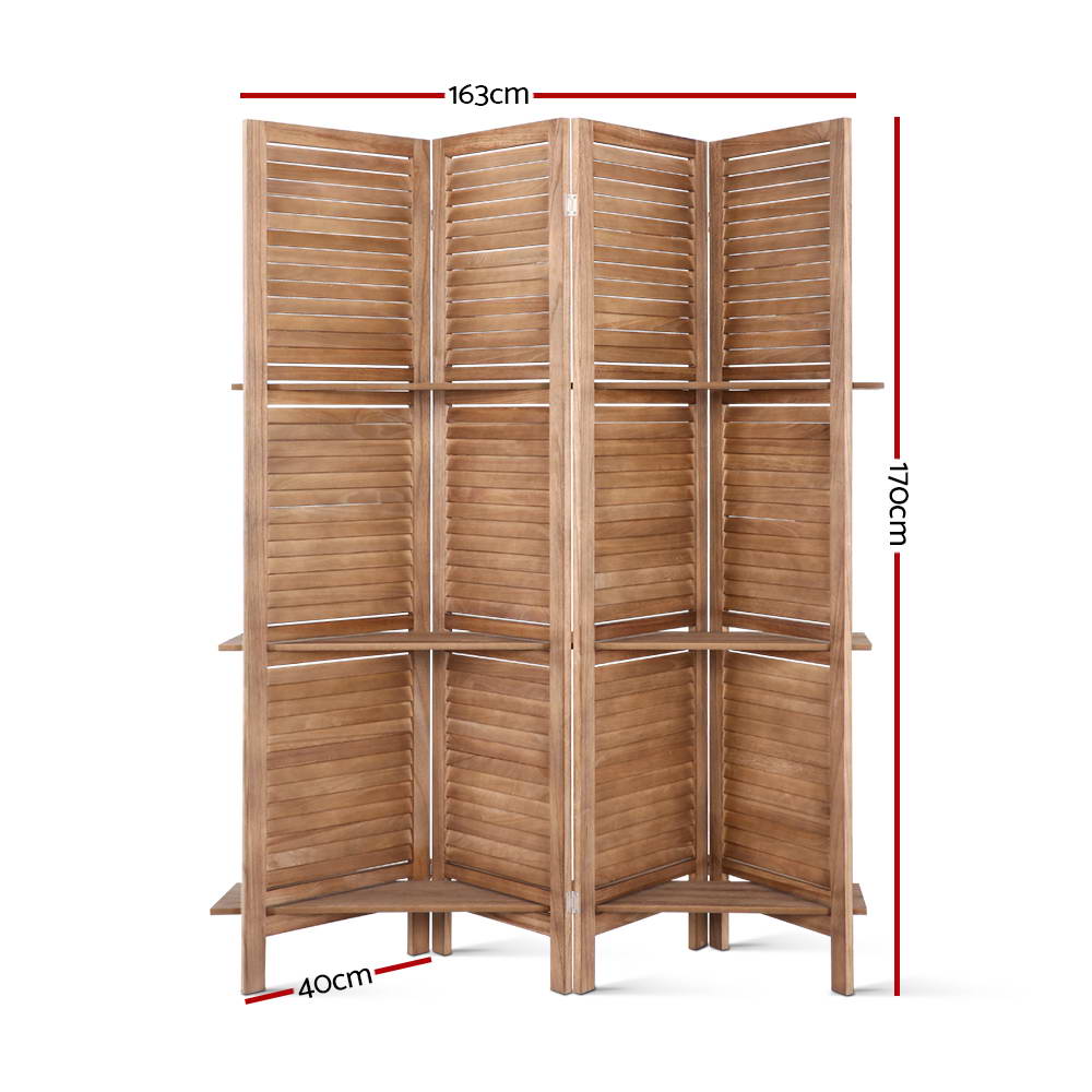 Artiss 4 Panel Room Divider Screen 163x170cm Shelf Oak