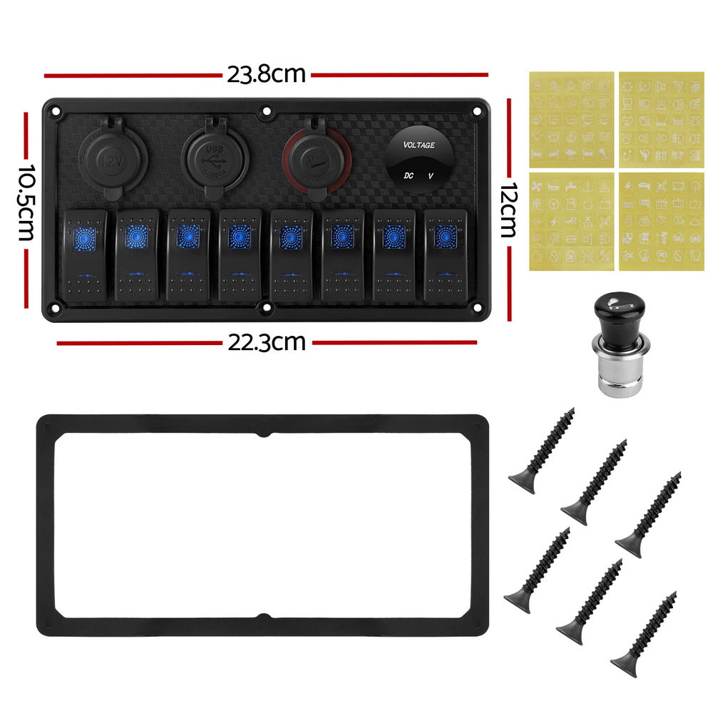 Giantz 8 Gang 12V Switch Panel For Car Boat Marine USB ON-OFF LED Rocker Toggle