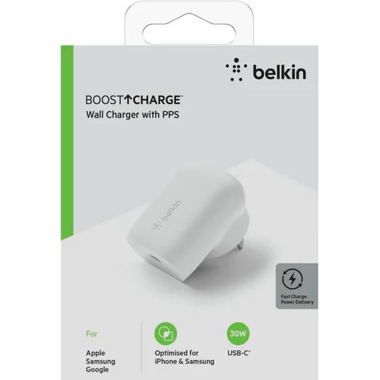 BELKIN BOOST CHARGE 30W USB-C PD Wall Charger - White (WCA005auWH),Dual charging technologies USB-C PD 3.0 and PPS, Universally compatible