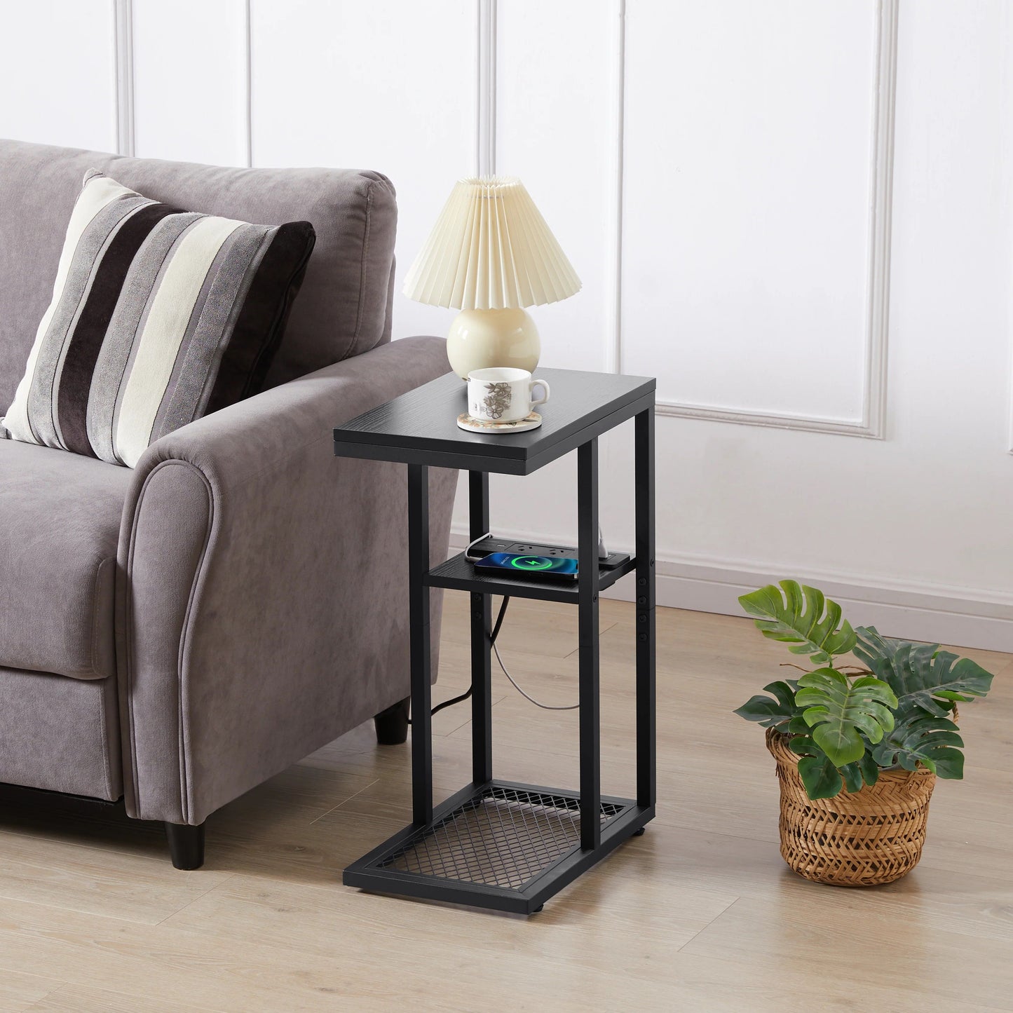 E-Shaped Sofa Side Table with Power Board, Black