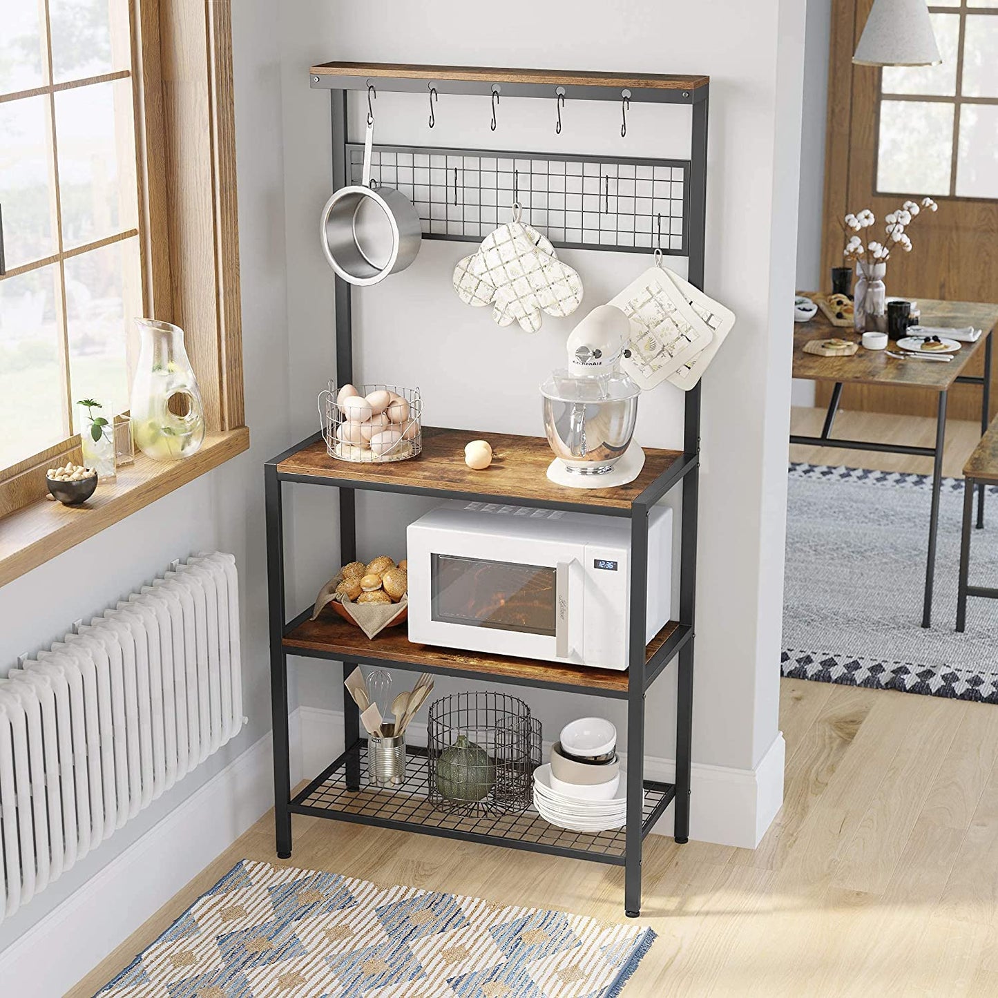 Industrial Kitchen Baker's Rack with Storage Shelves 10 Hooks and Metal Mesh Shelf 84 x 40 x 170 cm Rustic Brown