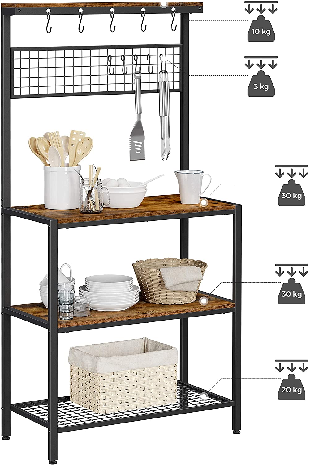 Industrial Kitchen Baker's Rack with Storage Shelves 10 Hooks and Metal Mesh Shelf 84 x 40 x 170 cm Rustic Brown