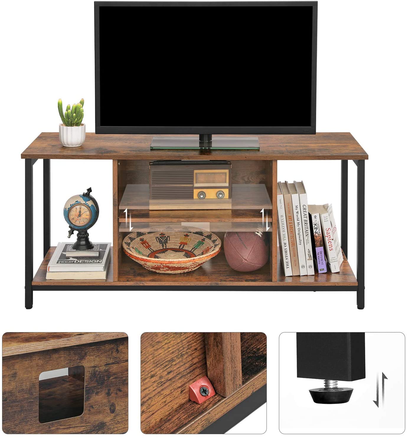 TV Console Unit with Open Storage Rustic Brown and Black Industrial