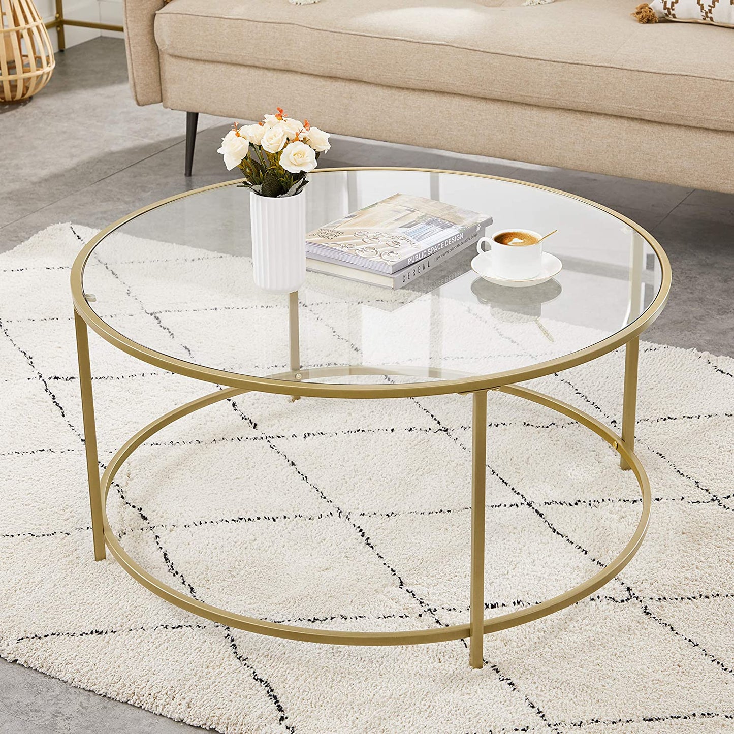 Gold Glass Table with Golden Iron Frame Stable and Robust Tempered Glass