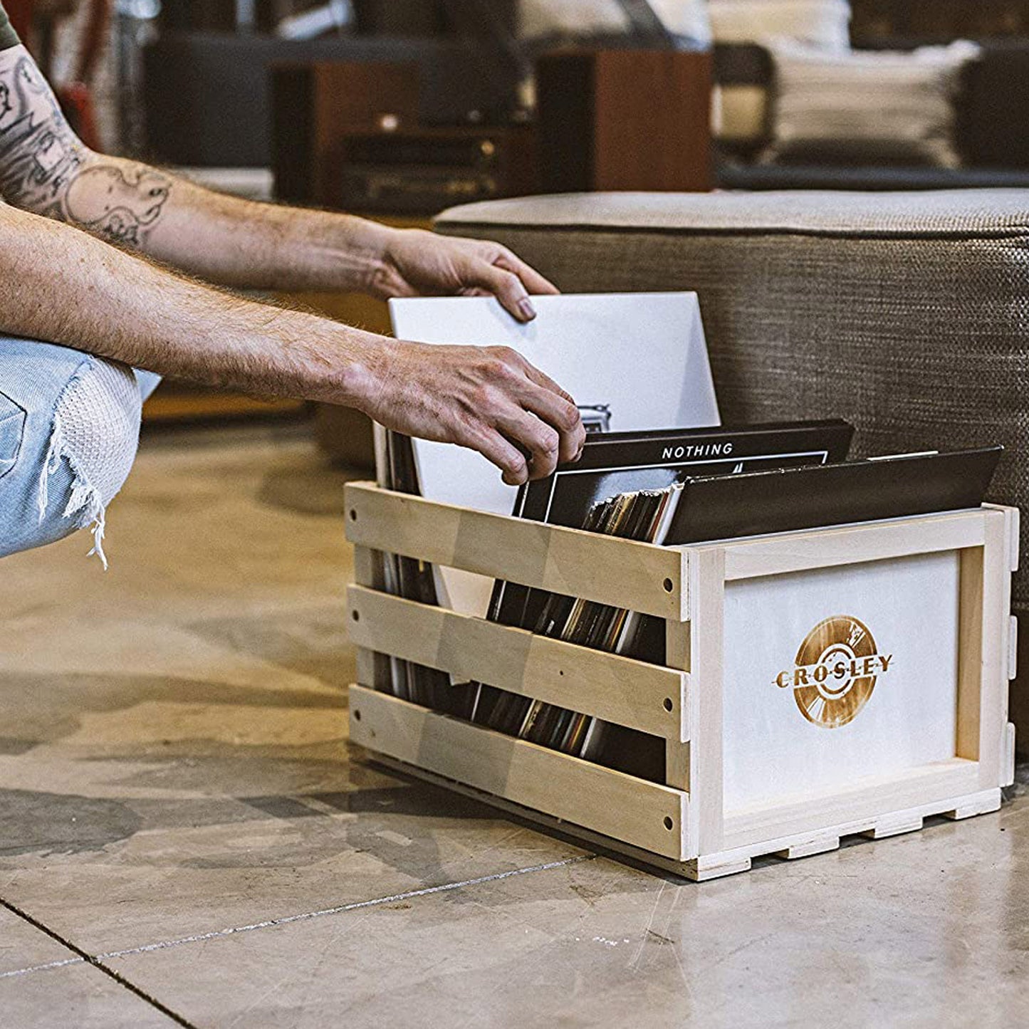 Crosley Vinyl LP Record Storage Crate Natural Wood Holds up to 75