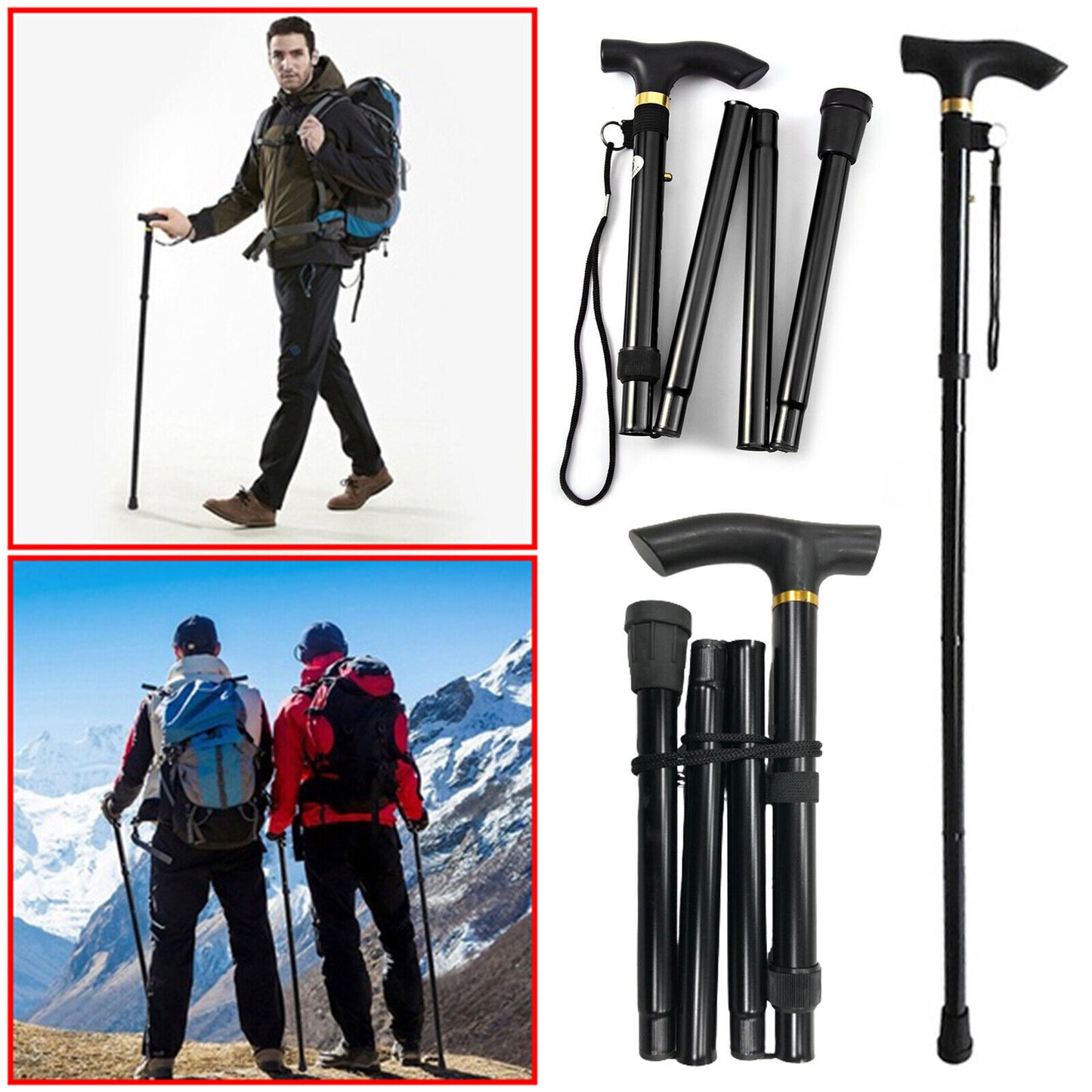 Adjustable Walking Stick Travel Retractable Hiking Folding Cane Metal Pole