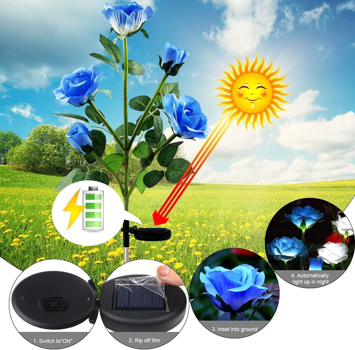 Blue Bulk Solar Garden Lights 75cm Long Rose Flowers Yard Lamp Xmas Halloween Deco AU