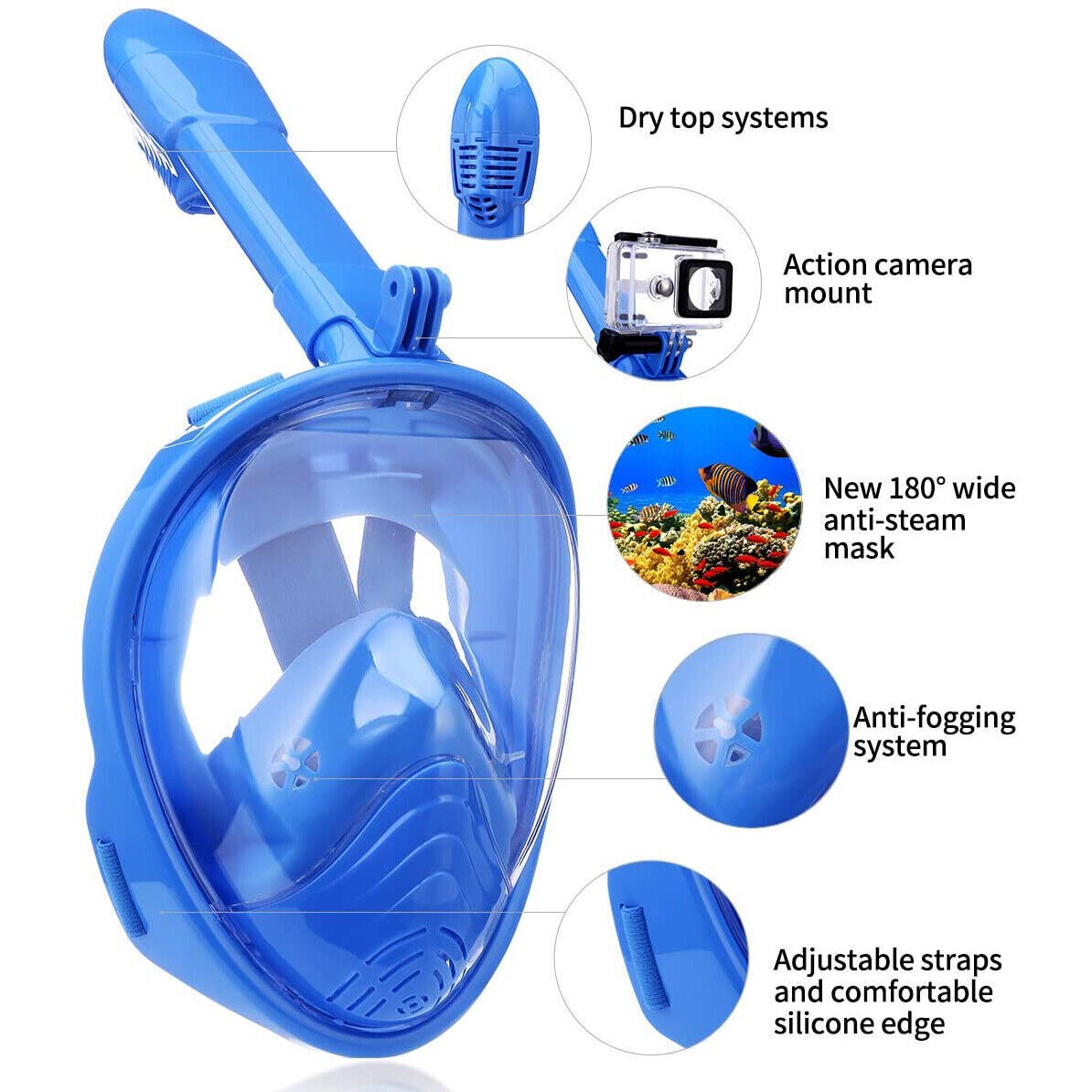 Blue Full Face Snorkel Mask Swimming Breath Dry Diving Goggle Scuba Glass Anti-Fog AU XS