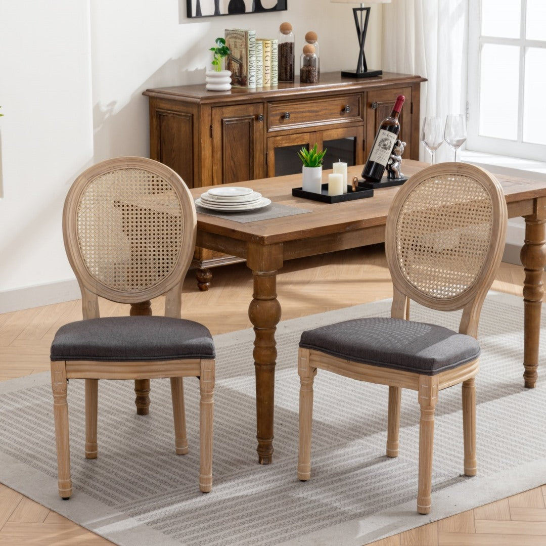 AADEN 2x Rattan Dining Chairs with Solid Wood Legs- Grey