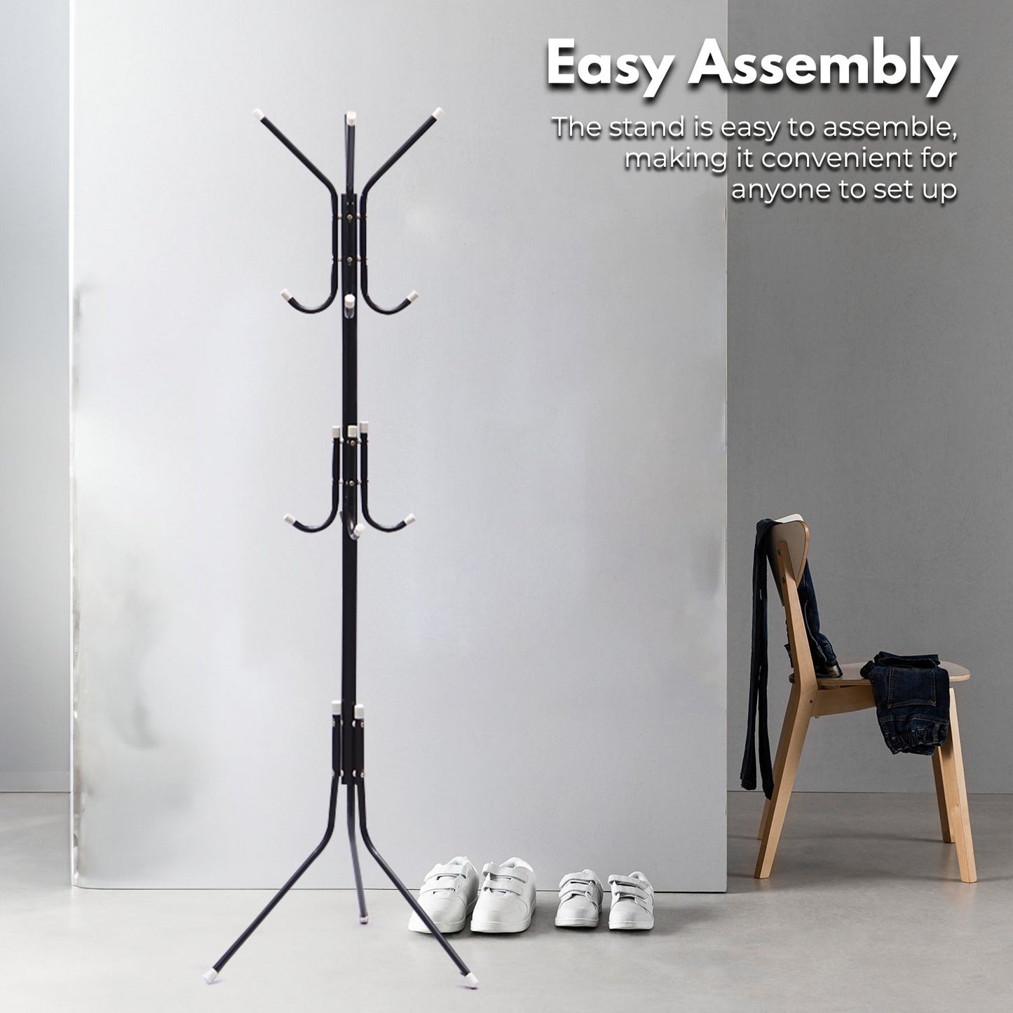 EKKIO 12 Hook Metal Coat Rack Stand with 3-Tier Hat Hanger (Black)