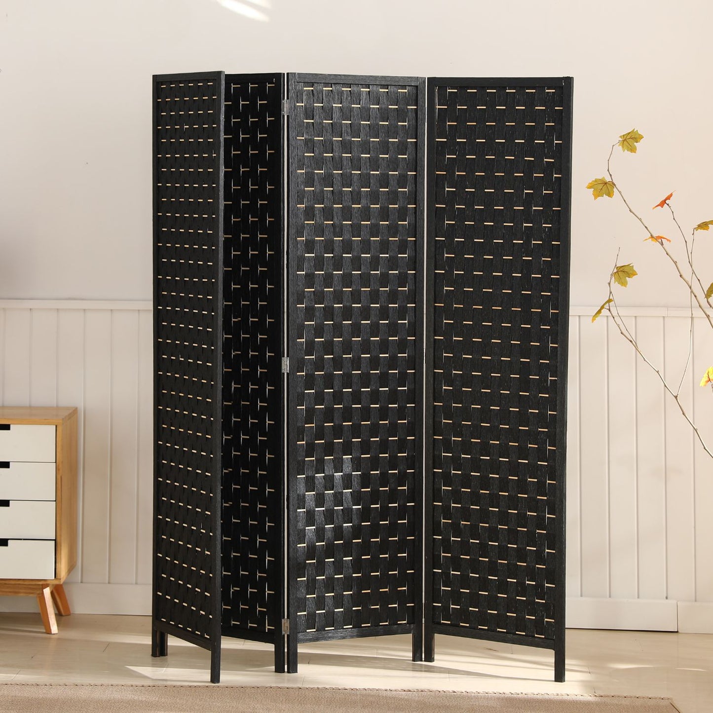 EKKIO 4-Panel Pine Wood Room Divider (Black)