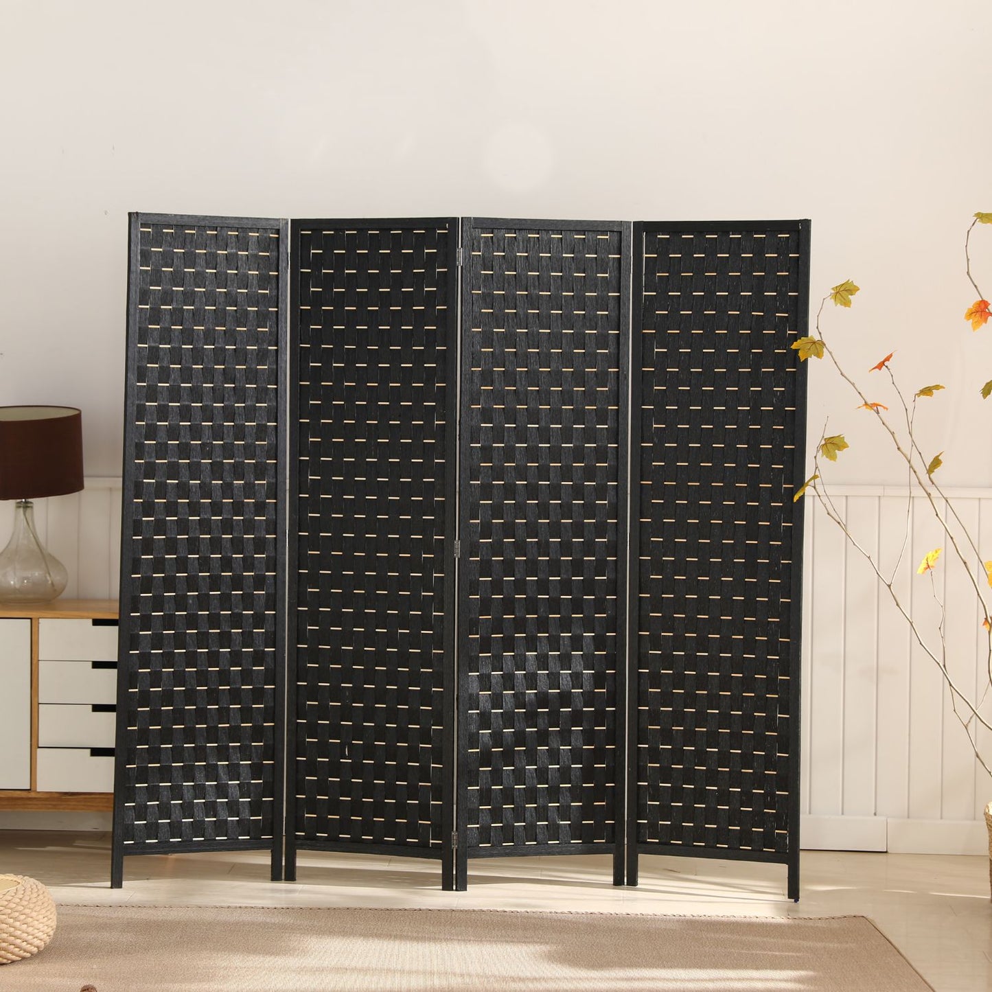 EKKIO 4-Panel Pine Wood Room Divider (Black)