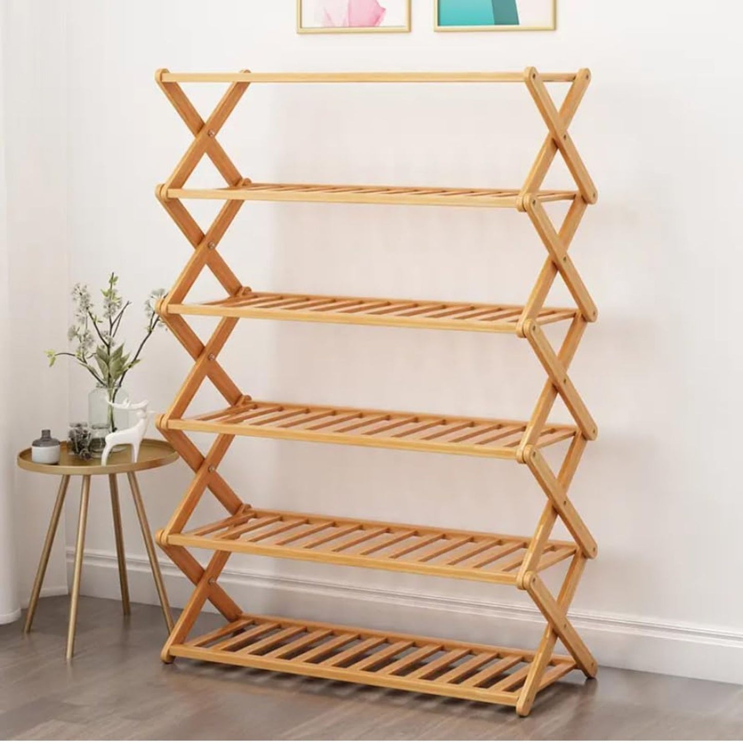 Ekkio Eco-Friendly & Non-Toxic Sturdy 6 Tier Foldable Bamboo Shoe Rack Brown