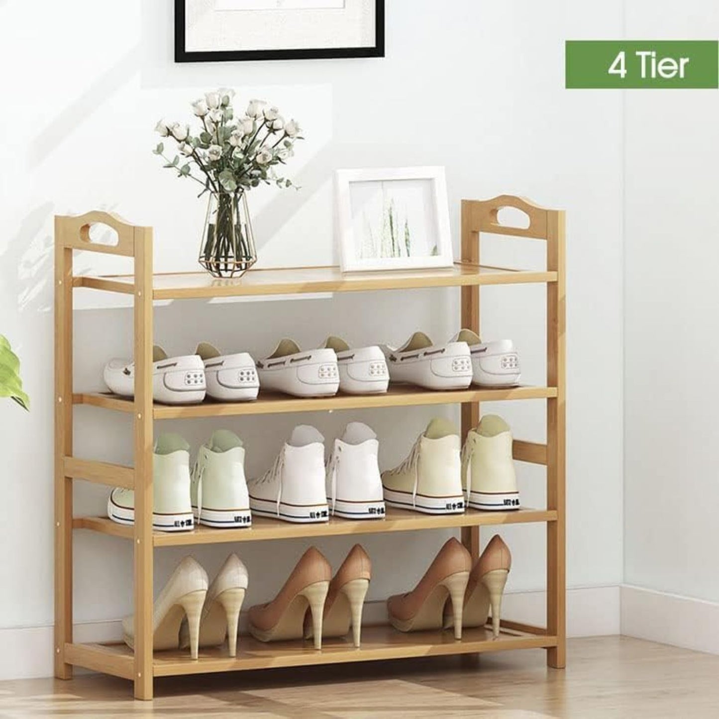 EKKIO 4 Tier Bamboo Shoe Rack Storage Organizer Stand Shelves