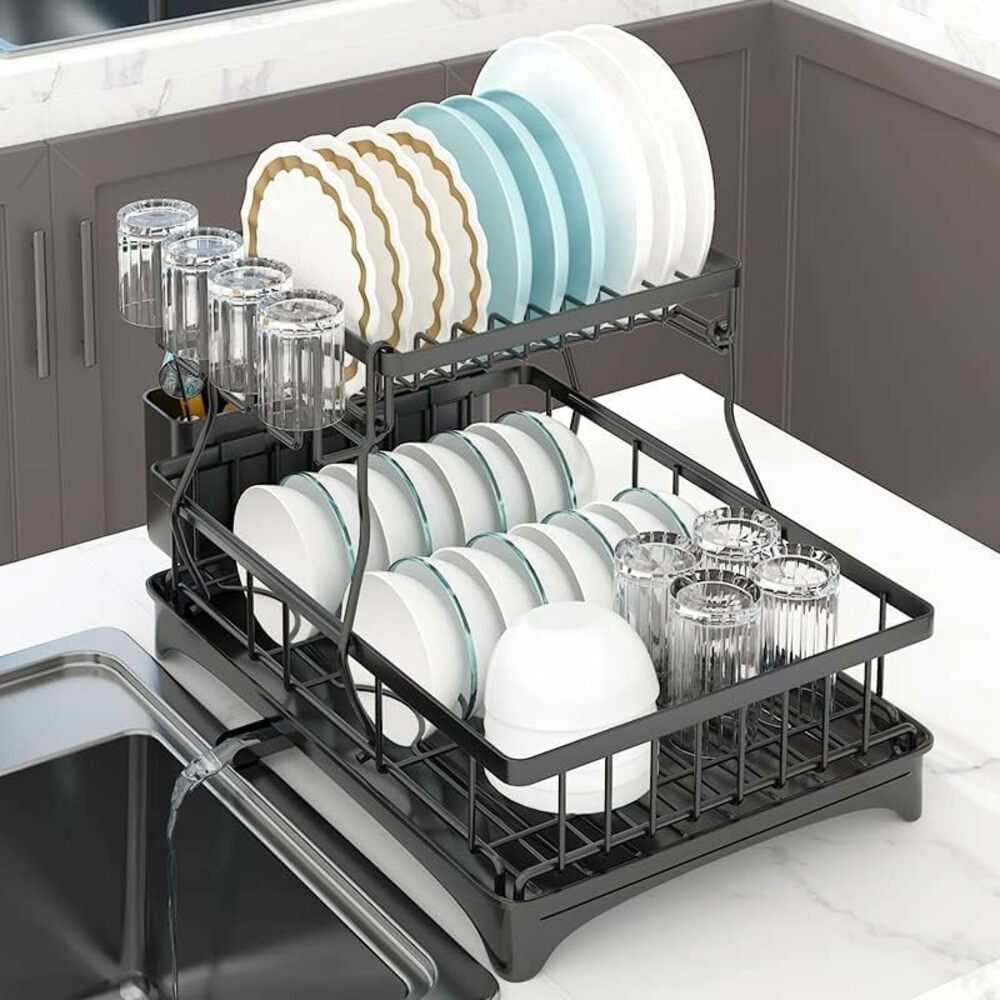 Gominimo 2 Tier Dish Drying Rack with Drain Board and Drip Tray Kitchen Counter