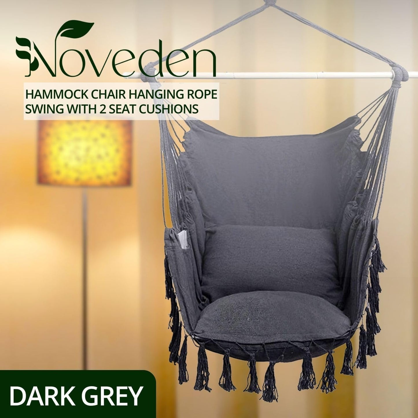 NOVEDEN Hammock Chair Hanging Rope Swing with 2 Seat Cushions Included (Dark Grey)