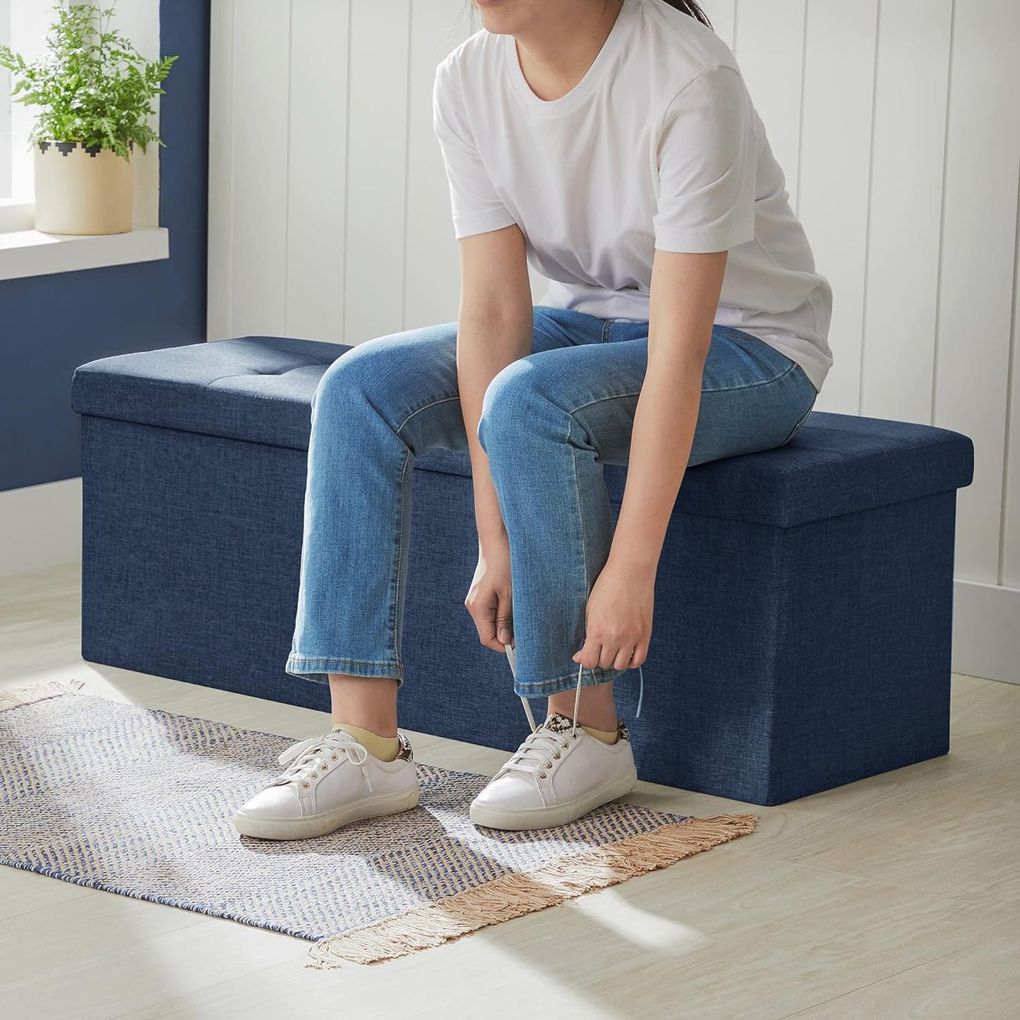 SONGMICS 110cm Foldable Bench with Storage Space and Metal Divider Grid Navy