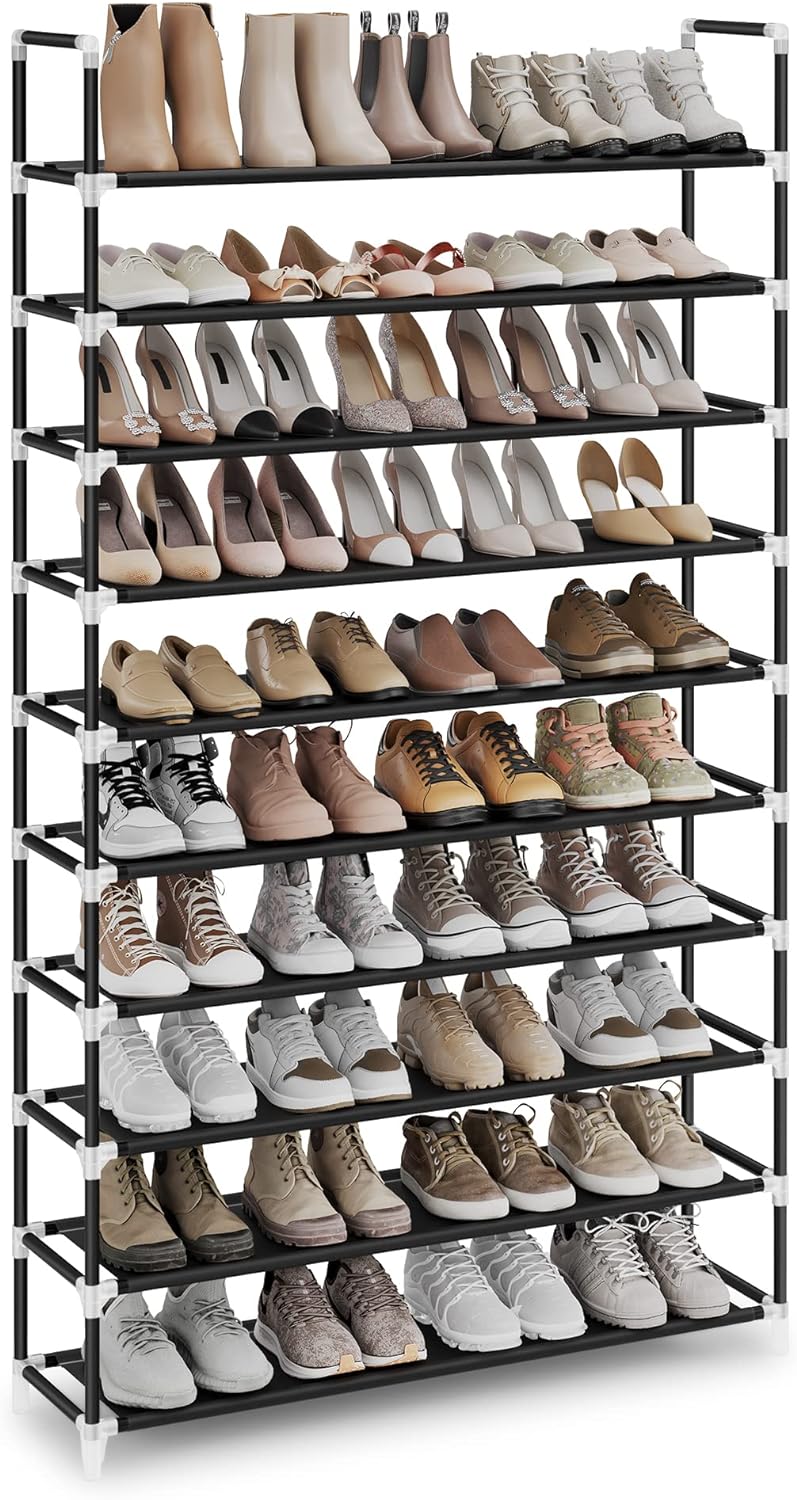 SONGMICS 10 Tier Metal Shoe Rack for 50 Pairs Non-Woven Fabric Shelves Black