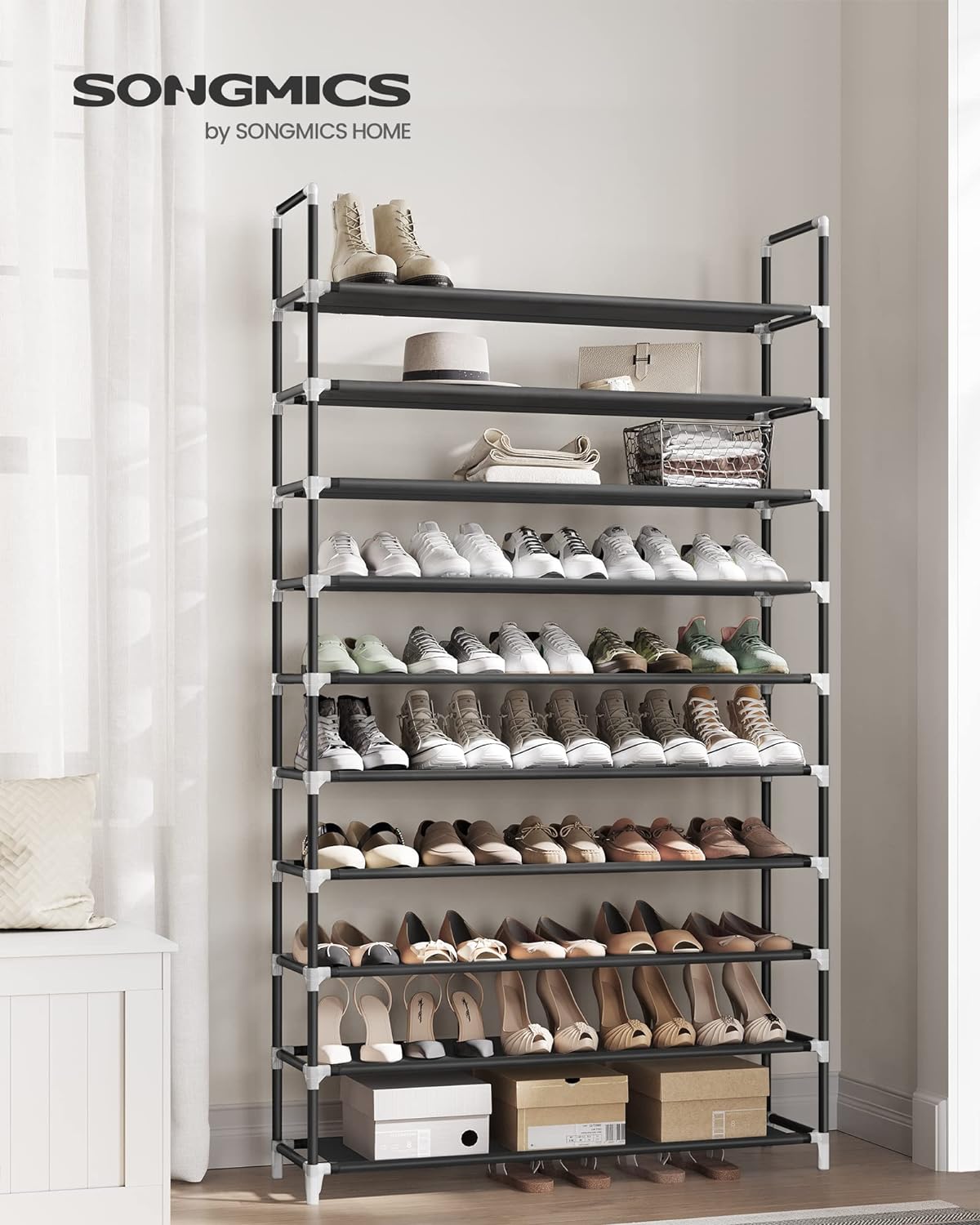 SONGMICS 10 Tier Metal Shoe Rack for 50 Pairs Non-Woven Fabric Shelves Black