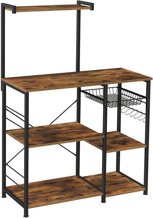 VASAGLE Baker's Rack with Shelves Microwave Stand with Wire Basket 6 S-Hooks Rustic Brown